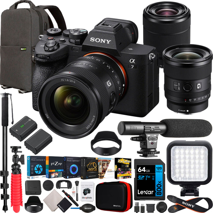 Sony a7 IV Full Frame Mirrorless Camera + FE 20mm F1.8 G + 28-70mm 2 Lens Kit Bundle