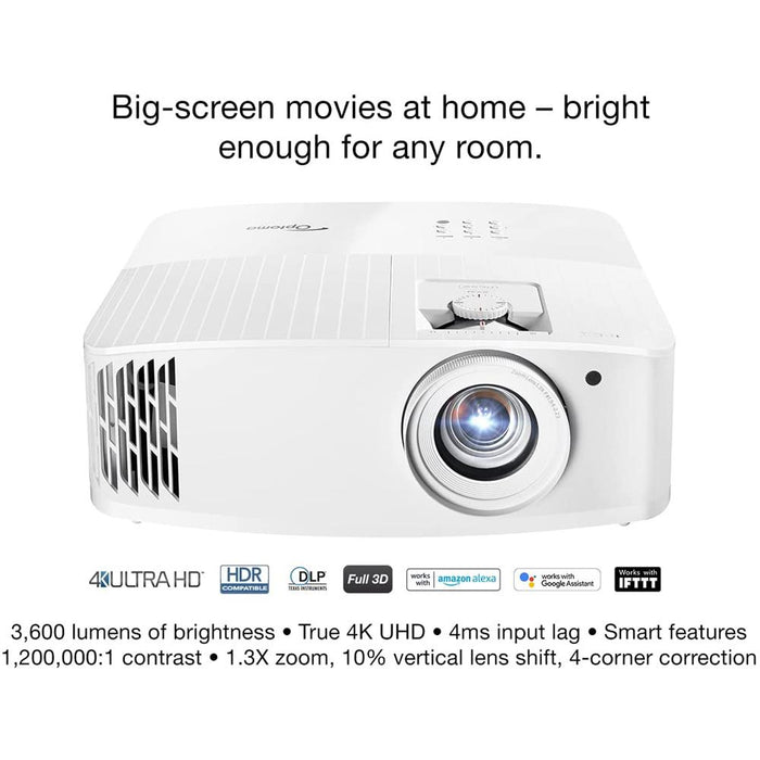 Optoma UHD55 Smart 4K UHD Home Theater Projector, White w/ 120" Projector Screen
