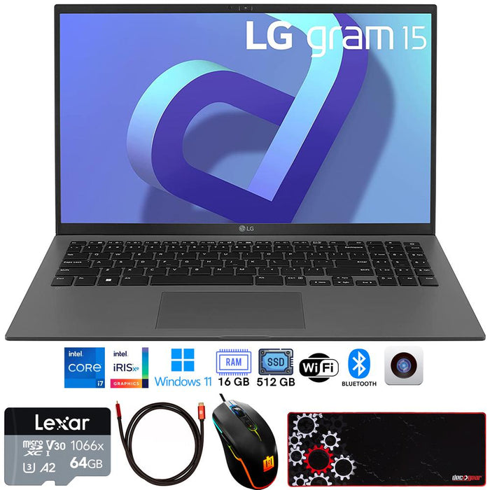 LG gram 15Z90Q 15" Laptop, Intel i7-1260P, 16GB/512GB SSD, Gray +Accessories Bundle