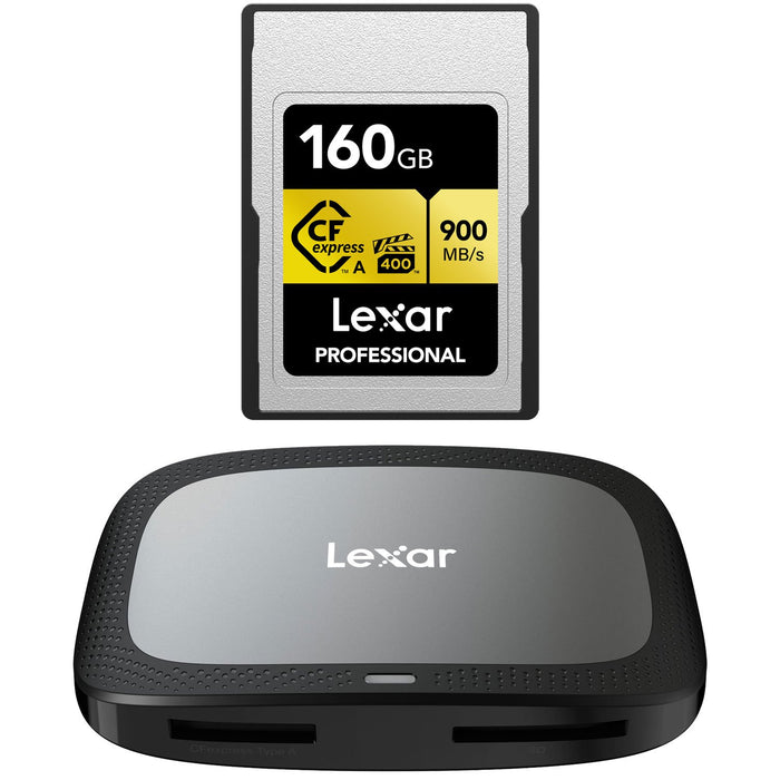 Lexar CFexpress Type A Pro Gold R900/W800 Memory Card, 160GB Bundle with Card Reader