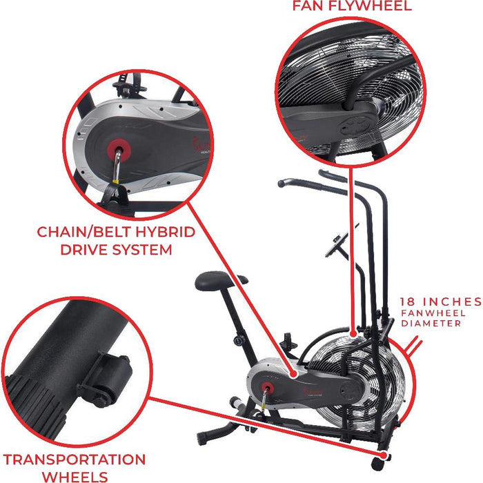 Sunny Health and Fitness Zephyr Upright Air Fan Bike with Resistance Adjustable Handlebar - Open Box