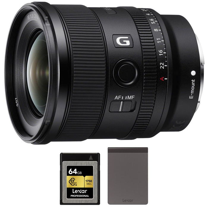 Sony FE 20mm F1.8 G Large Aperture Ultra Wide Angle G Lens w/ Lexar Card + SSD Bundle