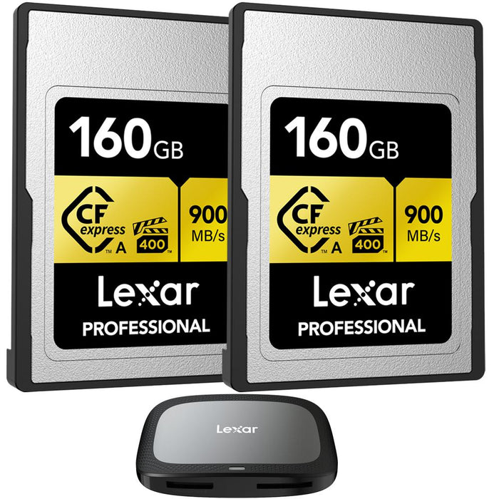 Lexar CFexpress Type A Pro Gold R900/W800 Memory Card, 160GB 2-Pack + 2x2 Reader