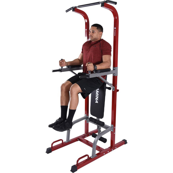 Stamina Full Body Power Tower with Upholstered Bench and Weight Bar Rack - 50-1735