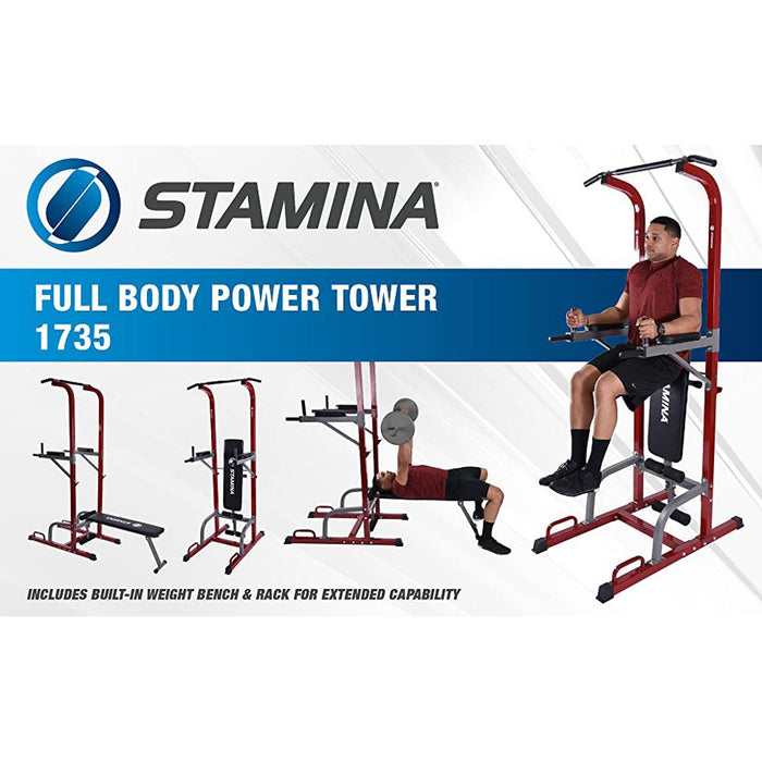Stamina Full Body Power Tower with Upholstered Bench and Weight Bar Rack - 50-1735