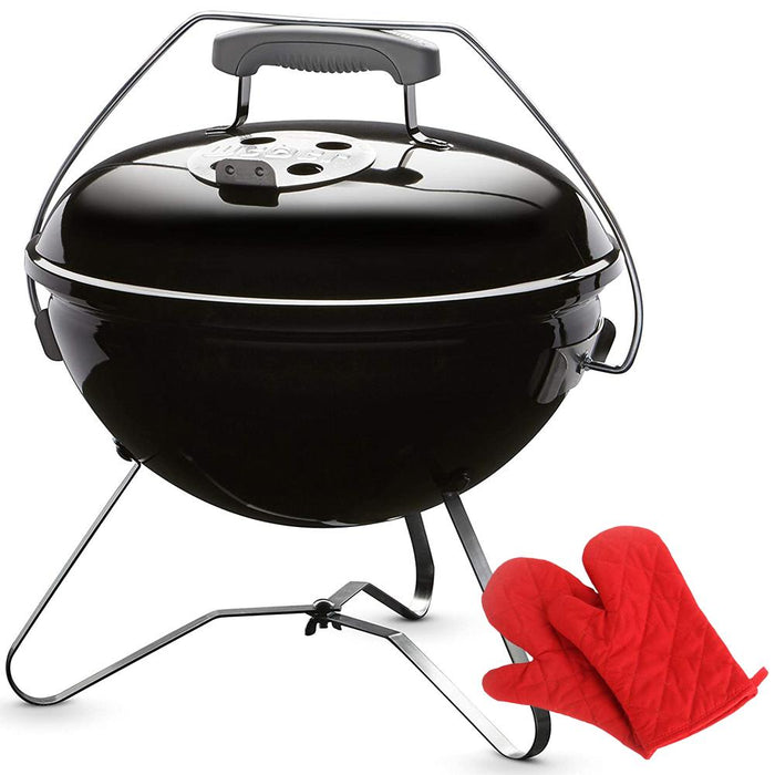 Weber Smokey Joe Premium 14-inch Charcoal Grill Black with Oven Mitt Red Pair