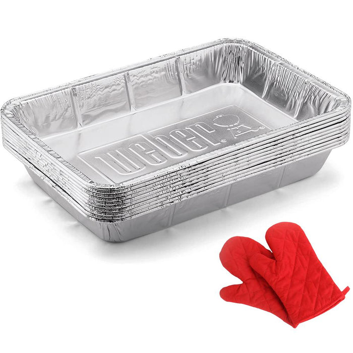 Weber 8.5 x 6 Inch Aluminum Drip Pans Set of 10 with Oven Mitt Red Pair