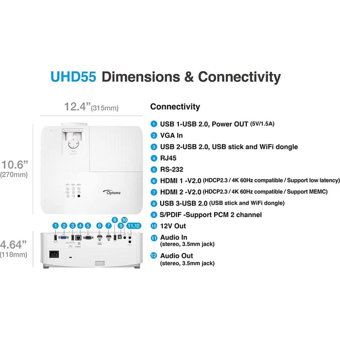 Optoma UHD55 Smart 4K UHD Home Theater Projector, White - Open Box