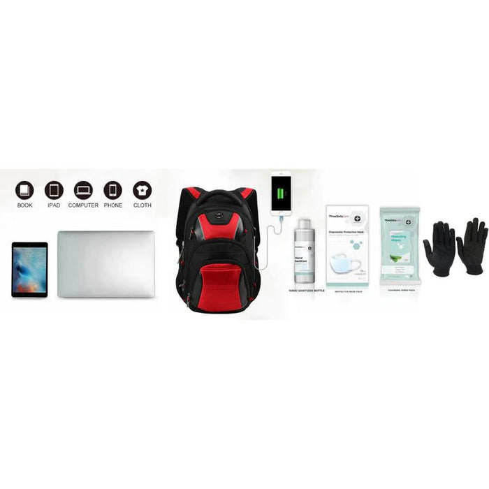 Swissdigital Anti-Bacterial Backpack Travel Kit with USB Charging Port, Black/Red (J14-41)