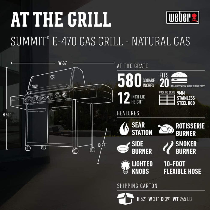 Weber Summit E-470 4-Burner Natural Gas Grill, Black w/Warranty + Accessories Kit