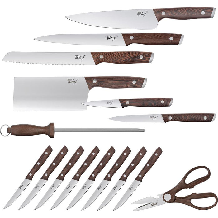 Deco Chef 16 Pc Knife Set with Wedge Handles, Shears, Block, and Cutting Board - Open Box