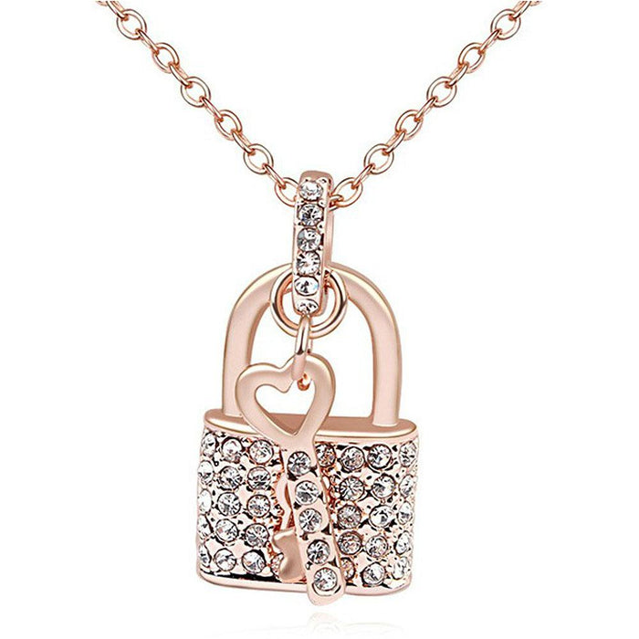 CZ Luxxe Jewelry Swarovski Element 18k Gold Plated, Crystal Lock and Key Necklace