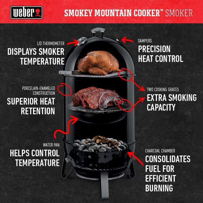 Weber Smokey Mountain Cooker Smoker 18" + Knife Set and 2 Year Warranty Bundle