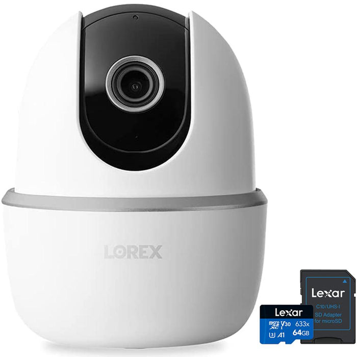Lorex 2K Pan-Tilt Indoor Wi-Fi Security Camera White with Lexar 64GB Memory Card
