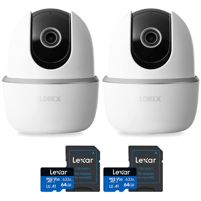 Lorex 2K Pan-Tilt Indoor Wi-Fi Security Camera White 2 Pack with 2x 64GB Card