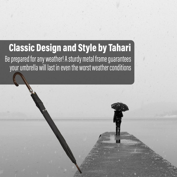 Tahari Deluxe Umbrella with Automatic Open and Wood Handle/Shaft, Black
