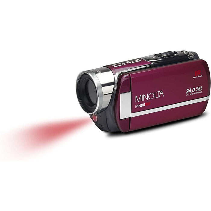 Minolta MN90NV 24MP HD IR Night Vision Camcorder, Maroon w/ Deco Accessory Bundle