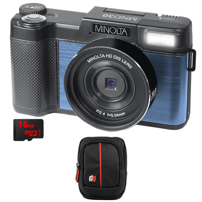 Minolta MND30 30MP 2.7K UHD 4X Zoom Digital Camera, Blue w/ Deco Camera Case