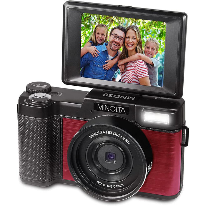 Minolta MND30 30MP 2.7K UHD 4X Zoom Digital Camera, Red w/ Deco Camera Case