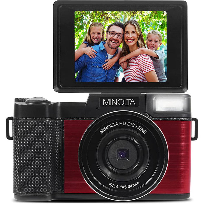 Minolta MND30 30MP 2.7K UHD 4X Zoom Digital Camera, Red w/ Deco Camera Case