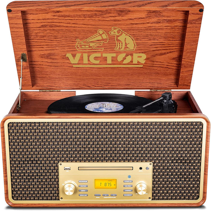 Victor 8-in-1 Three Speed Turntable with Dual Bluetooth, Mahogany
