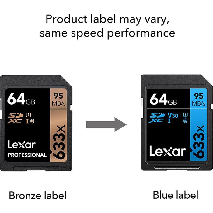 Lexar 64GB Professional 633x SDXC Class 10 UHS-3/U2 Memory Card Up to 95 Mb/s