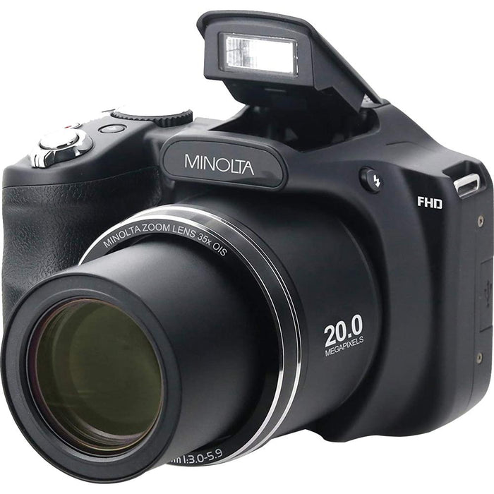 Minolta 20MP 35X Optical Zoom Wi-Fi Bridge Camera, Black w/32GB Memory + Warranty Bundle