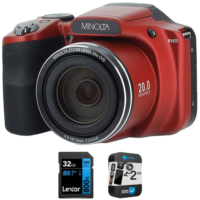 Minolta 20MP 35X Optical Zoom Wi-Fi Bridge Camera, Red w/32GB Memory + Warranty Bundle