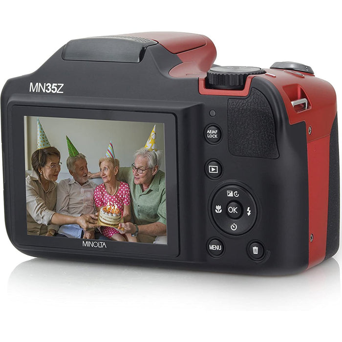 Minolta 20MP 35X Optical Zoom Wi-Fi Bridge Camera, Red w/32GB Memory + Warranty Bundle