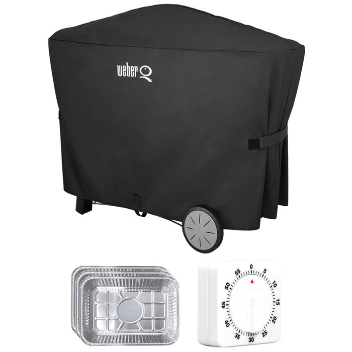 Weber 7112 Q 2000 and 3000 Series Premium Grill Cover + Kitchen Timer + Drip Pans