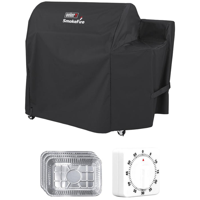 Weber 7191 36 Inch SmokeFire Grill Cover, Black + Kitchen Timer + Drip Pans