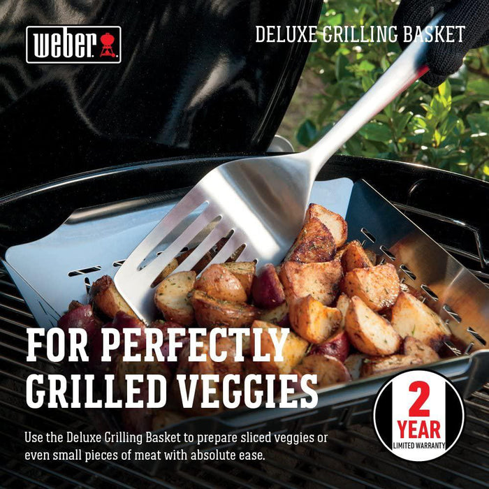 Weber Deluxe Stainless Steel Grilling Basket Large with Spray Cooking Oil
