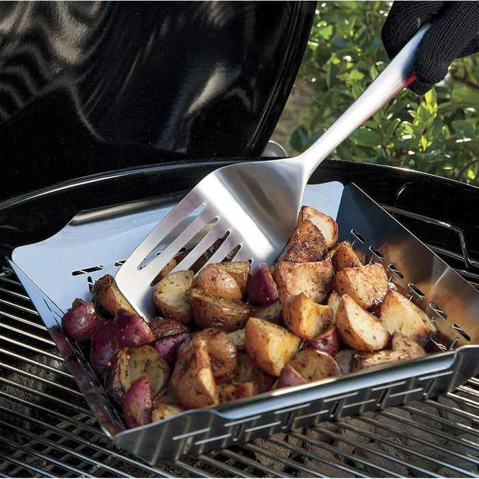 Weber Deluxe Stainless Steel Grilling Basket Large with Grill Cover & Drip Pans