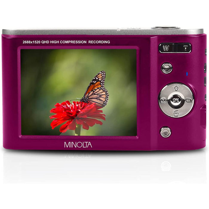 Minolta MND20 44 MP 2.7K Ultra HD Digital Camera, Magenta w/ Accessories Bundle