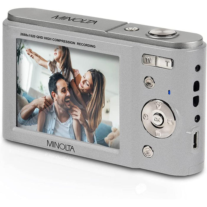 Minolta MND20 44 MP 2.7K Ultra HD Digital Camera, Silver w/ Accessories Bundle