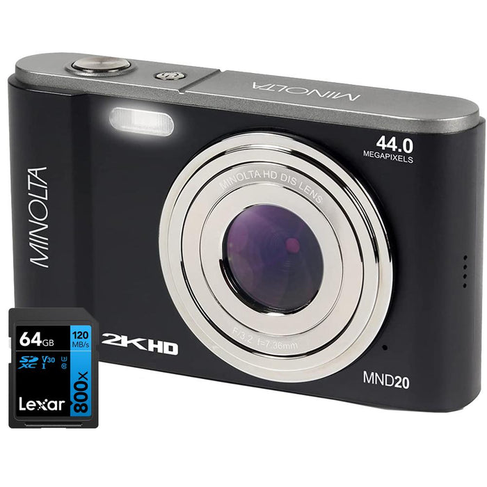 Minolta 44 MP / 2.7K Ultra HD Digital Camera Black with Lexar 64GB Memory Card
