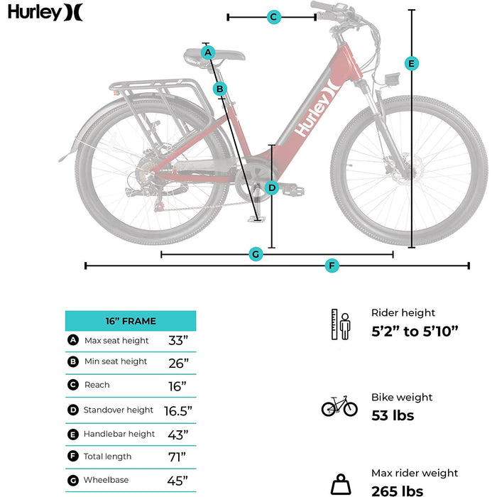Hurley Pizza Bike 19" Electric Bike, 7-Speed, Rear Rack, Chili Red (HE-20-RD-19)