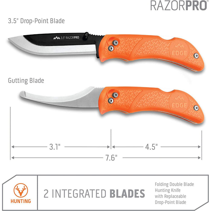 Outdoor Edge 3.5" RazorPro Double-Blade Hunting Knife with 6 Blades, Orange (RO-20)