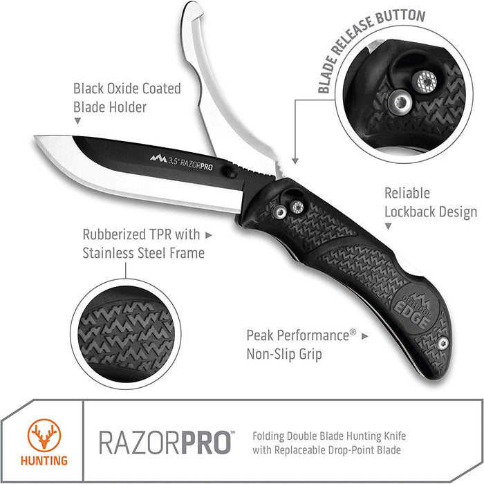 Outdoor Edge 3.5" RazorPro Double-Blade Hunting Knife with 6 Blades, Black (RO-10)