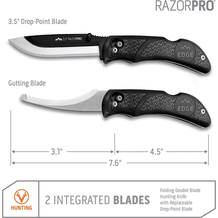 Outdoor Edge 3.5" RazorPro Double-Blade Hunting Knife with 6 Blades, Black (RO-10)
