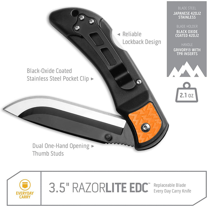 Outdoor Edge 3.5" Razorlite EDC Replaceable Blade Carry Knife, Blaze Orange (RLB-30)