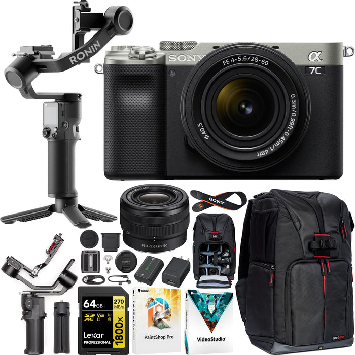 Sony a7C Mirrorless Camera Silver + 28-60mm Lens Kit + DJI RS 3 Mini Gimbal Bundle