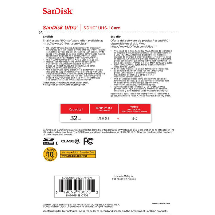 Sandisk Ultra SDHC Memory Card, 32GB, Class 10/UHS-I, 120MB/S 2 Pack