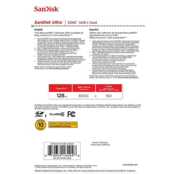 Sandisk Ultra SDXC Memory Card, 128GB, Class 10/UHS-I, 120MB/S 2 Pack
