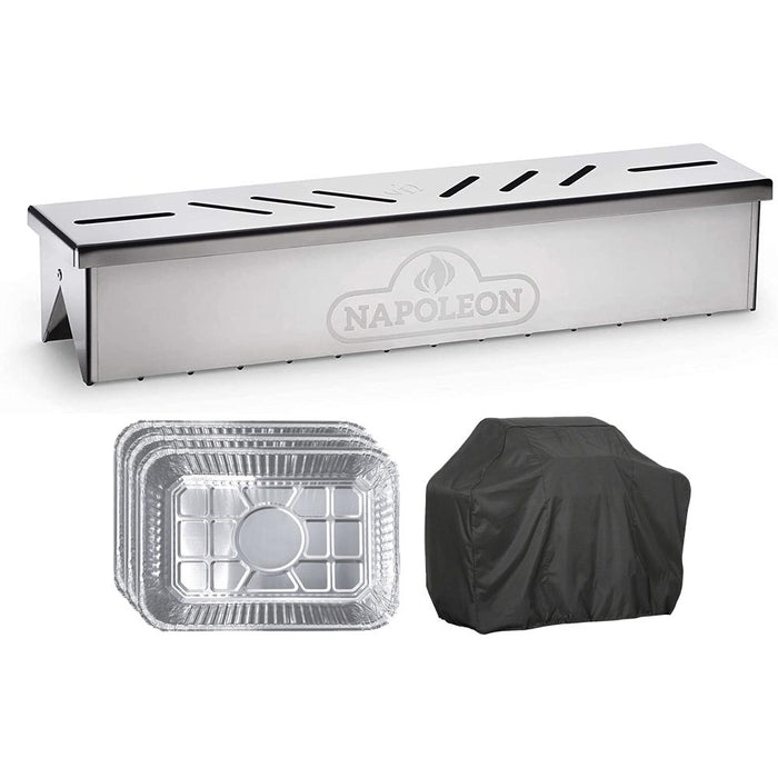 Napoleon Stainless Steel Smoker Box Gas Grills + Grill Cover and Pans Set of 3