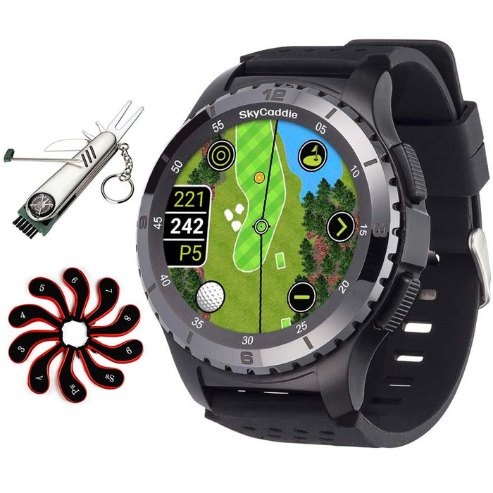 SkyCaddie Golf GPS Watch with Ceramic Bezel Black + Multi-Tool & Club Covers