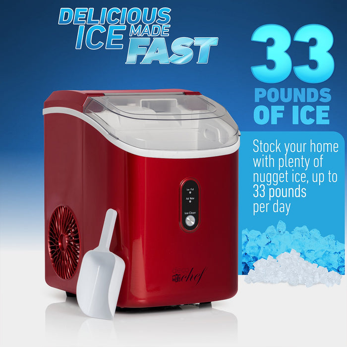 Deco Chef 33LB Nugget Ice Maker, 1-Press Auto Operation, Self-Cleaning, Red Stainless