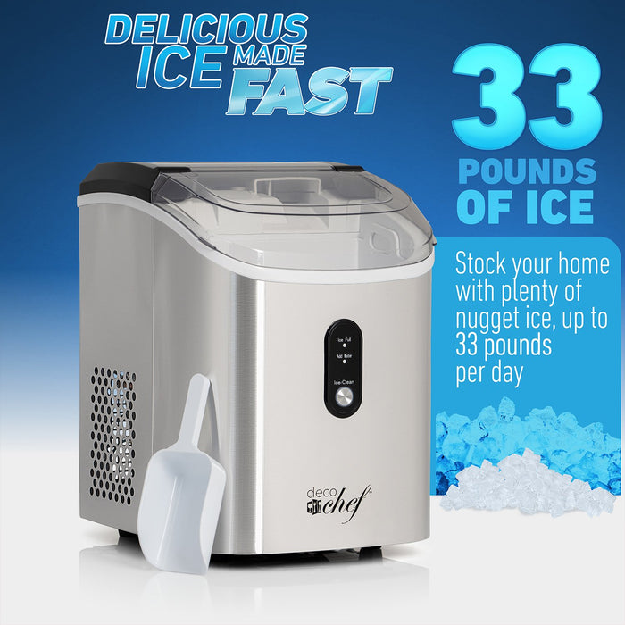 Deco Chef 33LB Nugget Ice Maker, 1-Press Auto Operation, Self-Cleaning, Stainless Steel