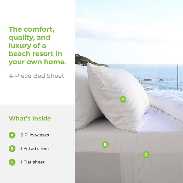 Cariloha Resort Bamboo-Viscose 4 Pcs Bed Sheet Set Queen White + 2 Pack Pillows