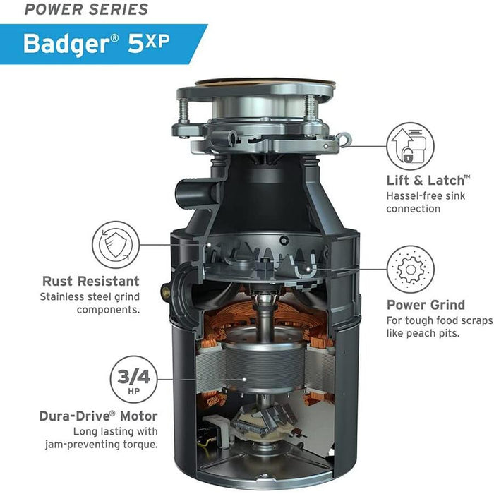 Insinkerator Badger 5XP Garbage Disposal, 3/4 HP Continuous Feed